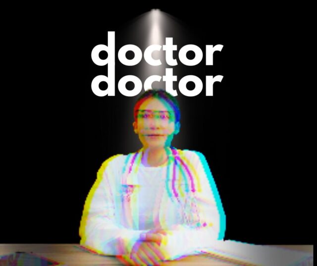 Pixelated image of a person in a white coat, sitting with a black background. Over the title, Doctor Doctor